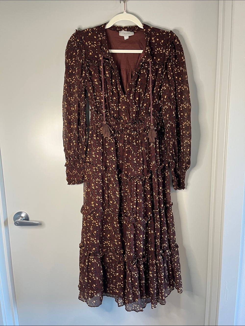EUC Cleobella Long Sleeve Brown Floral Tiered Maxi Dress with Tassel Tie